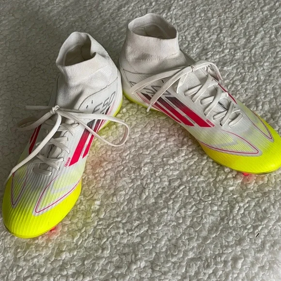 adidas Women's F50 League FG/MG Mid Soccer Cleats 7.5 white pink neon yellow - Picture 3 of 8